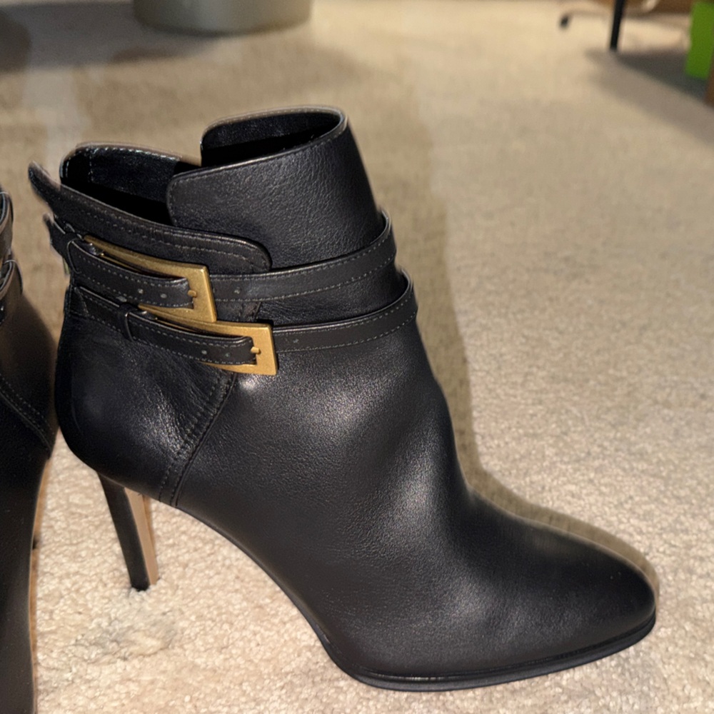 Vince Camuto Sahra Black Heeled Boots with Gold Accents